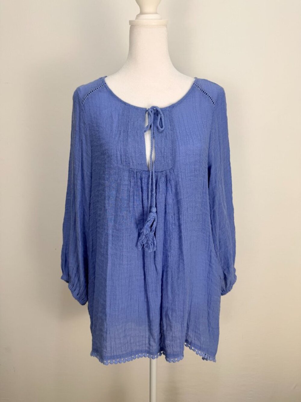 Bobeau Womens Blue Gauze Boho Tunic Top Medium Tassel Tie 3/4 Sleeve - Picture 2 of 13